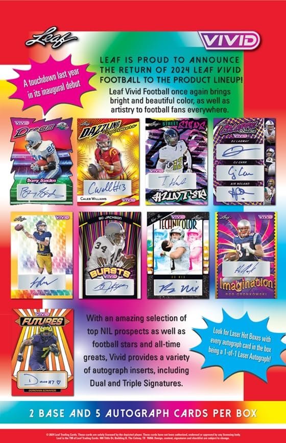 2024 Leaf Vivid Football Hobby Trading Card Box 5 Autographs
